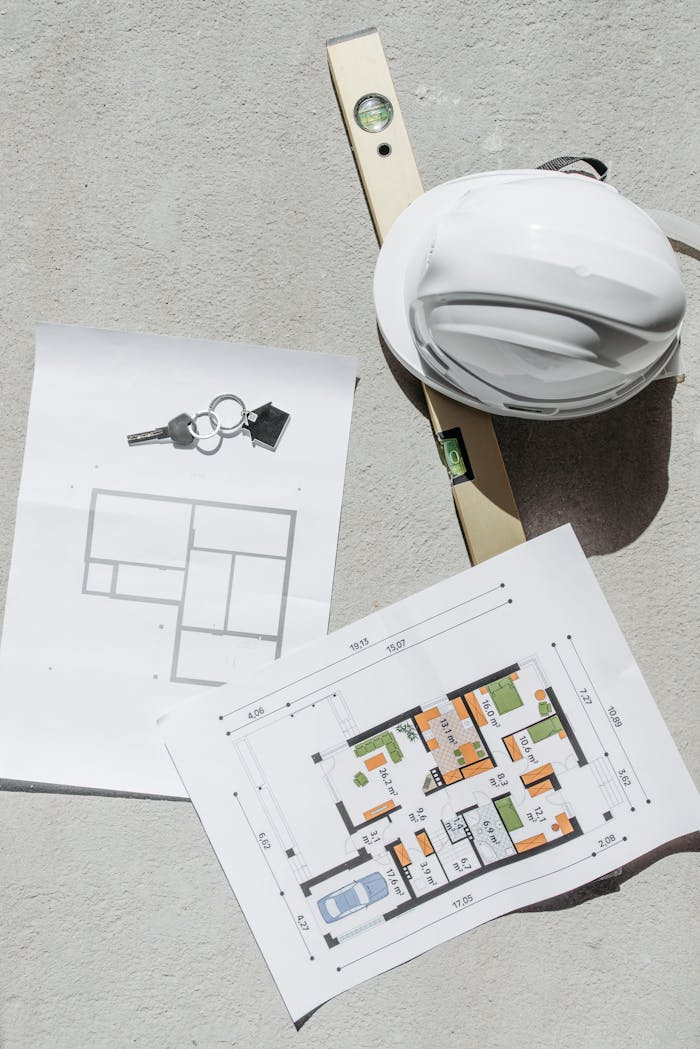 services-01 Flat lay of construction plans, keys, hard hat, and level tool on concrete.